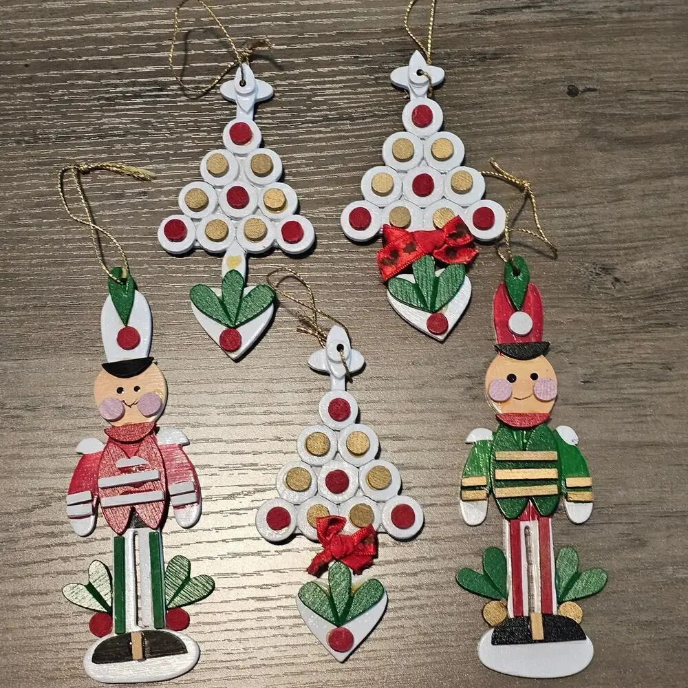Vintage Wooden Christmas Ornaments 80s Nutcrackers Christmas Trees Hand Painted